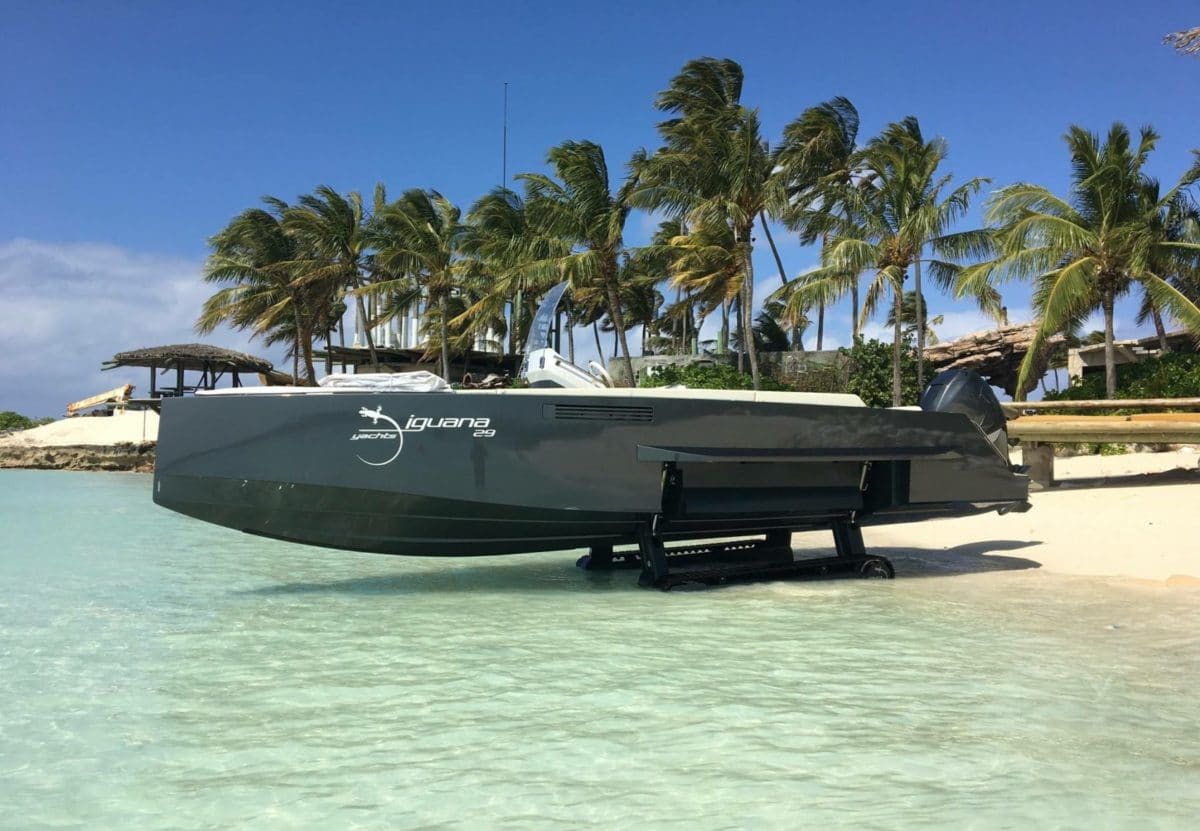 Amphibious boat on tracks on a private island