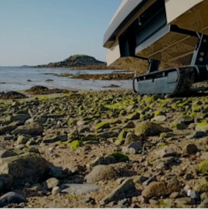 Amphibious vehicle on rocks